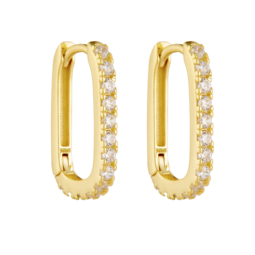 925 Sterling Silver Oval Zirconia Hoop Earrings, High-End Fashion Huggie Jewelry