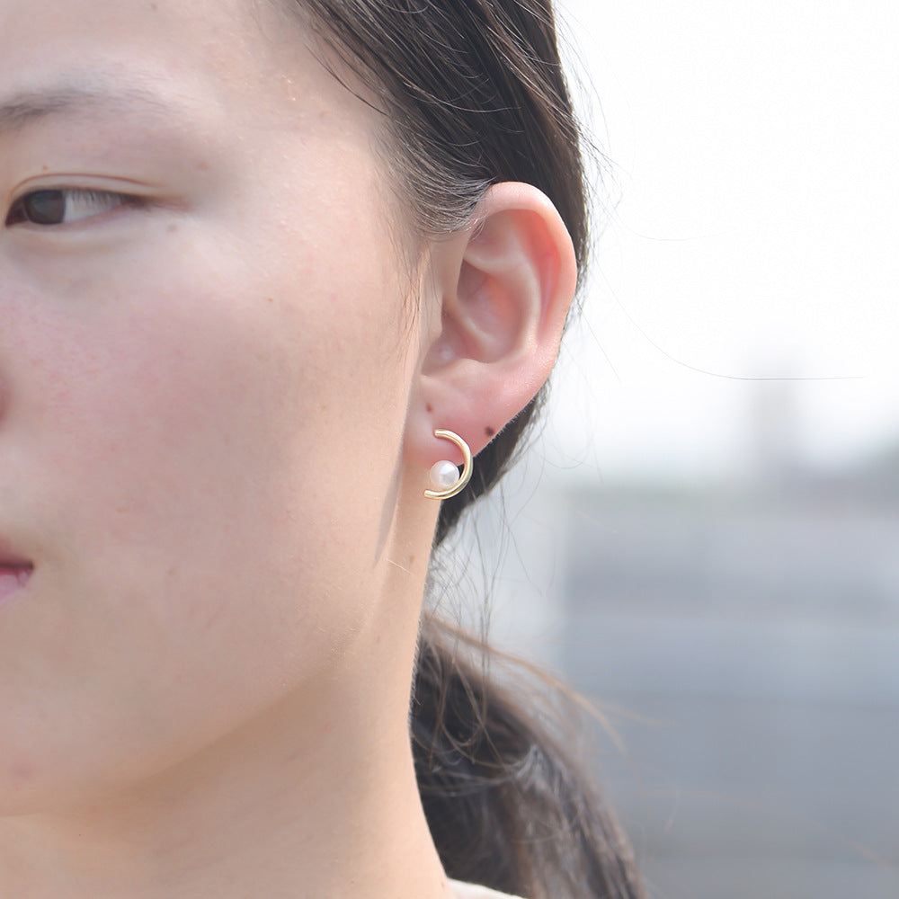 S925 Silver Modern C-Hoop Pearl Studs - Elegant Half-Circle Versatile Earrings