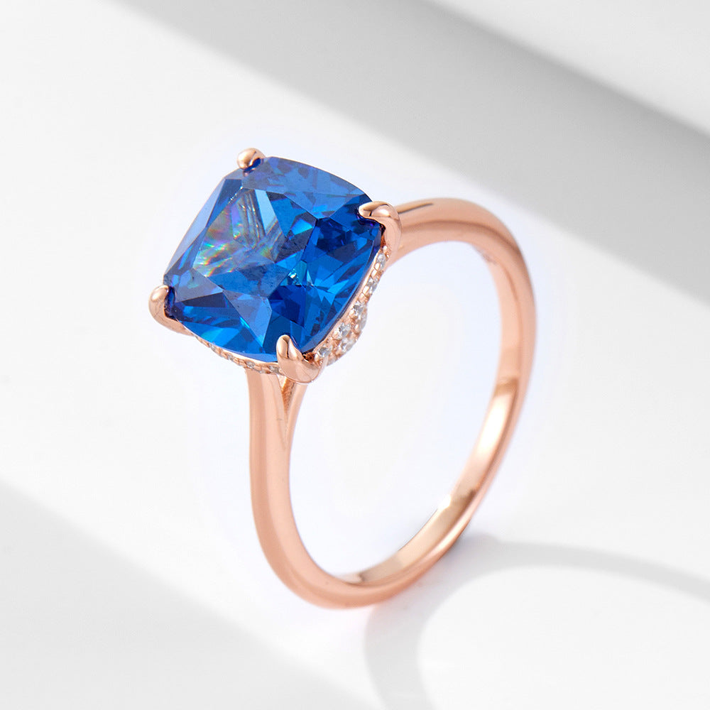 925 Sterling Silver Rose Gold Plated Cushion Cut Blue Zirconia Ring, Luxury Gemstone Jewelry