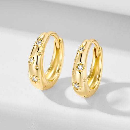925 Sterling Silver Wide Band Metallic Hoop Earrings, Minimalist Pave Zirconia Light Luxury Jewelry