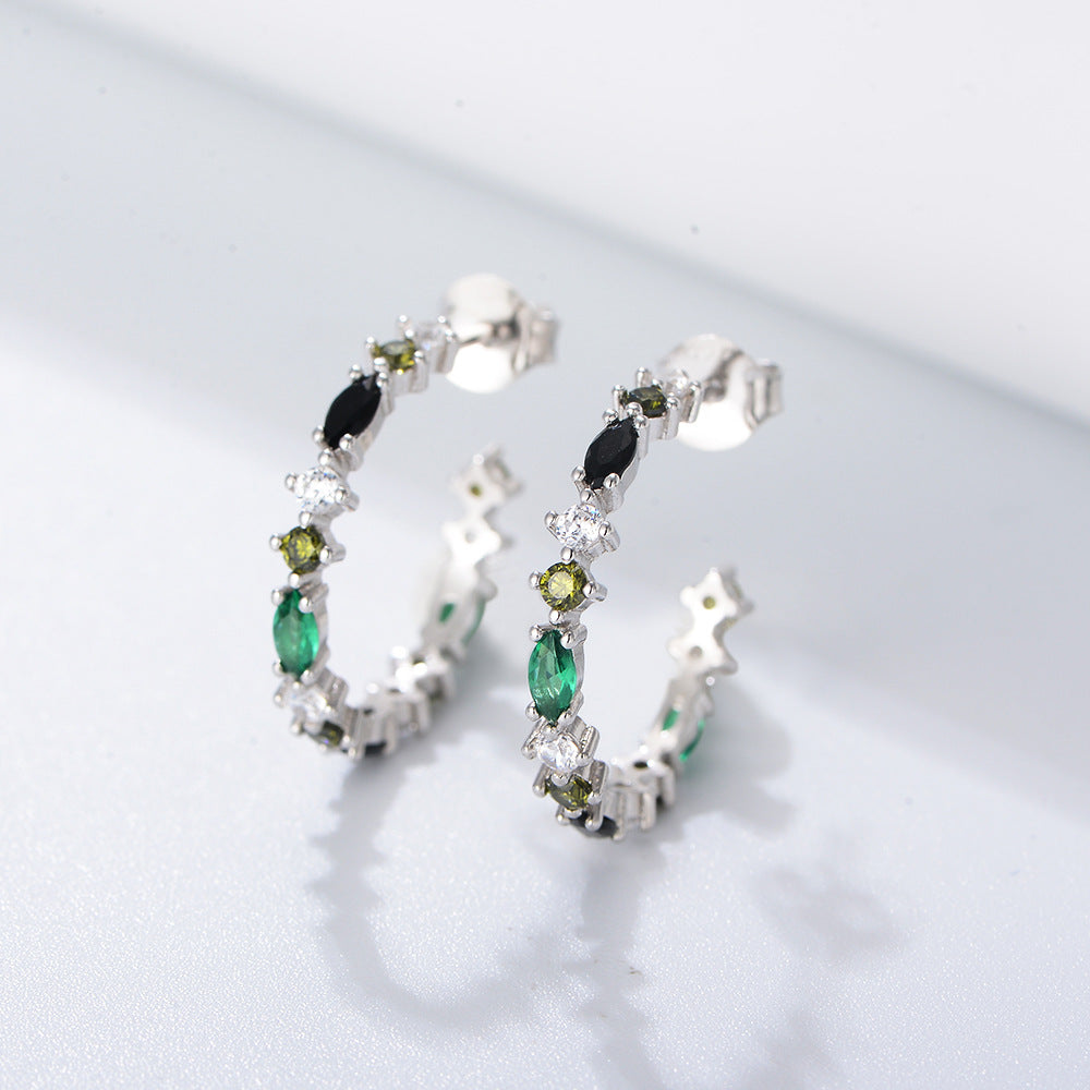 Elegant S925 Silver Rainbow C-Hoops - Chic Aesthetic Colored Zircon Earrings, Modern Luxury Geometric Studs