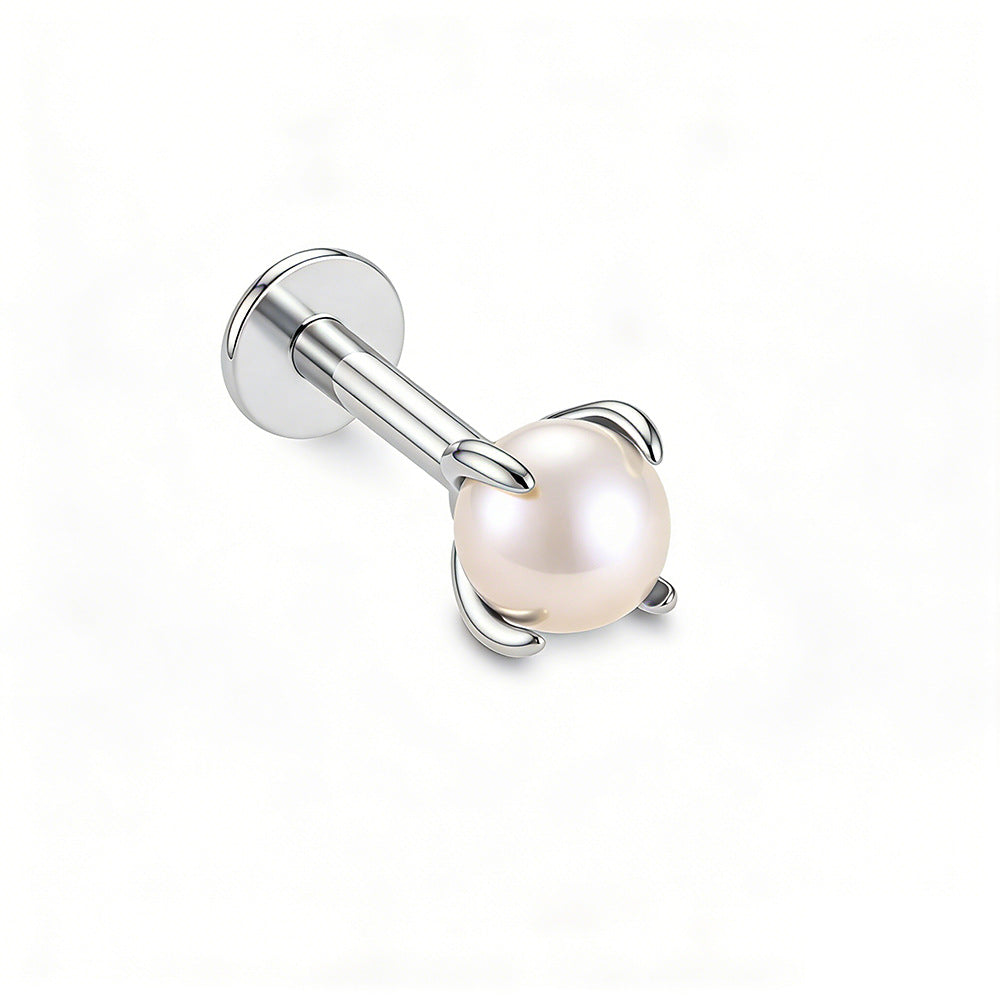 925 Sterling Silver Classic Pearl Flat-Back Labret Stud, Minimalist Threaded Piercing Jewelry