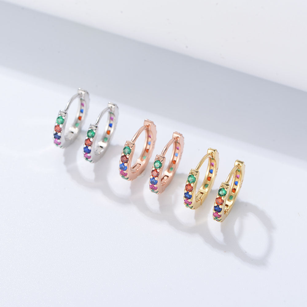 925 Sterling Silver Rainbow Zirconia Huggie Hoop Earrings