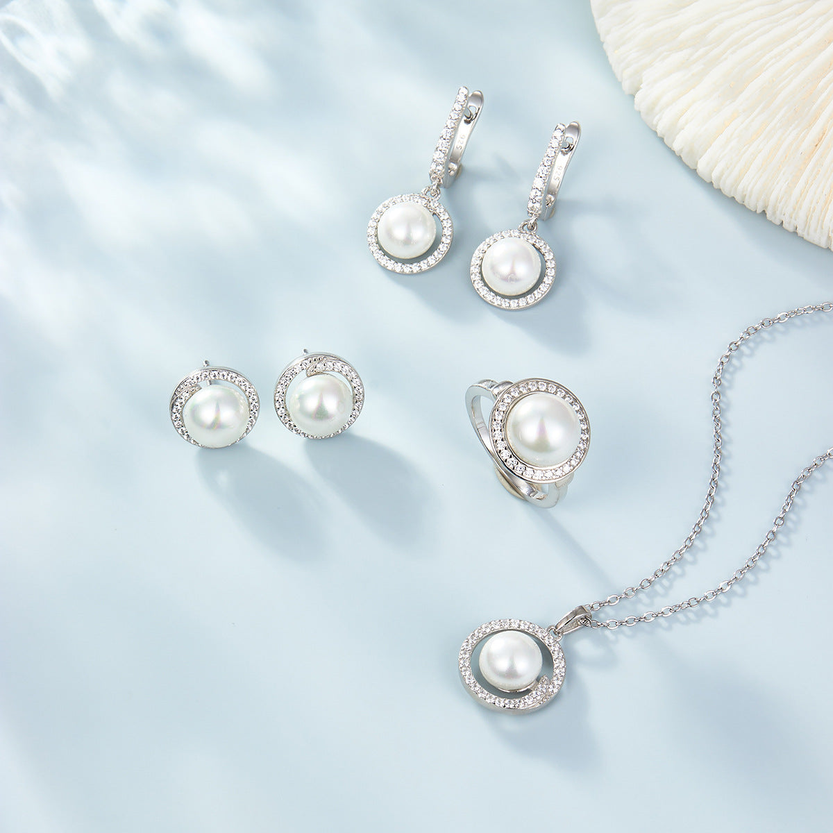 S925 Silver Mochi Bead Set | Round Zircon Earrings, Ring & Necklace