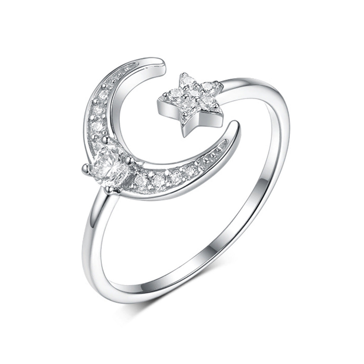 Star Moon Zircon Ring - 925 Silver Adjustable Light Luxury Jewelry