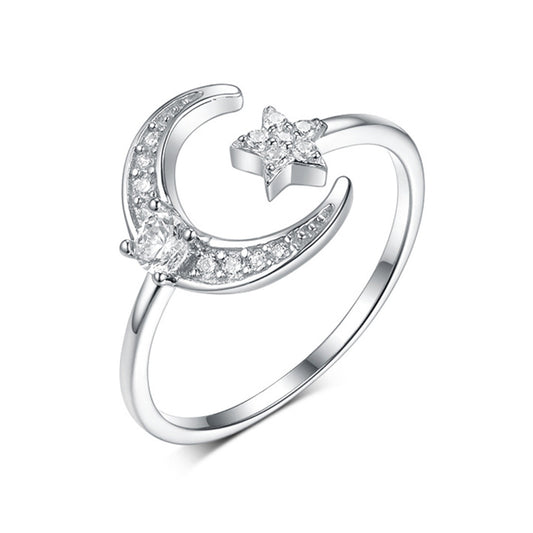 Star Moon Zircon Ring - 925 Silver Adjustable Light Luxury Jewelry