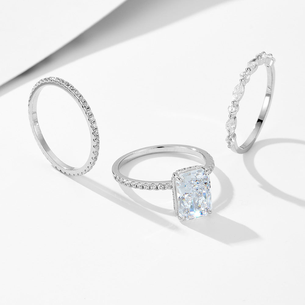 925 Sterling Silver Ice Flower Cut Zirconia Ring Set, High-End Light Luxury Ins Style Stacking Jewelry