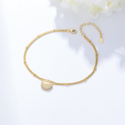 925 Sterling Silver Shell & Zirconia Anklet, Summer Beach Fashion Jewelry