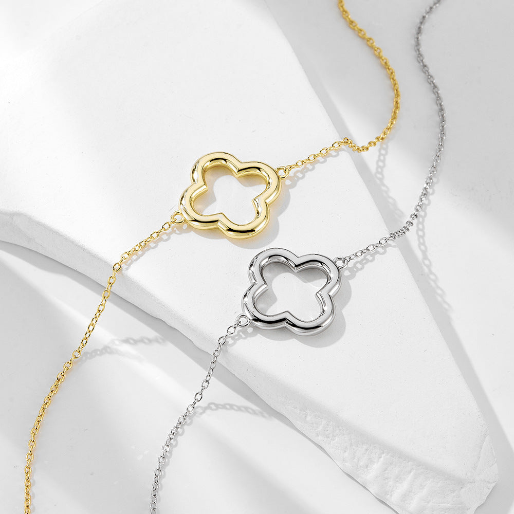Sterling Silver Dainty Hollow Leaf Clover Link Bracelet for Women, Versatile Aesthetic Accessory