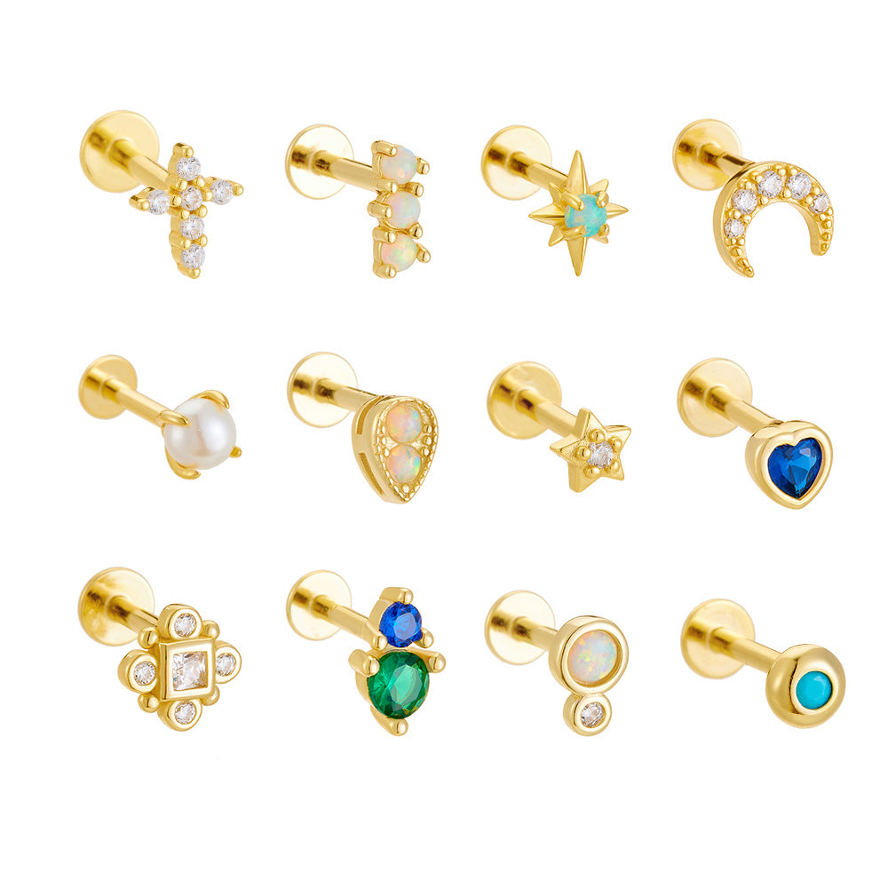 925 Sterling Silver Geometric Opal Labret Stud, Threaded Cartilage Piercing High-End Trendy Jewelry