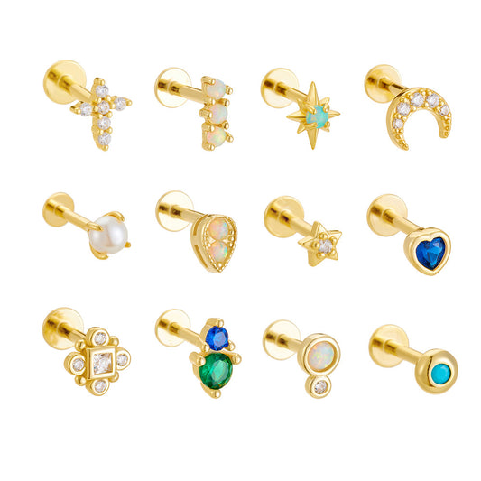 925 Sterling Silver Geometric Opal Labret Stud, Threaded Cartilage Piercing High-End Trendy Jewelry
