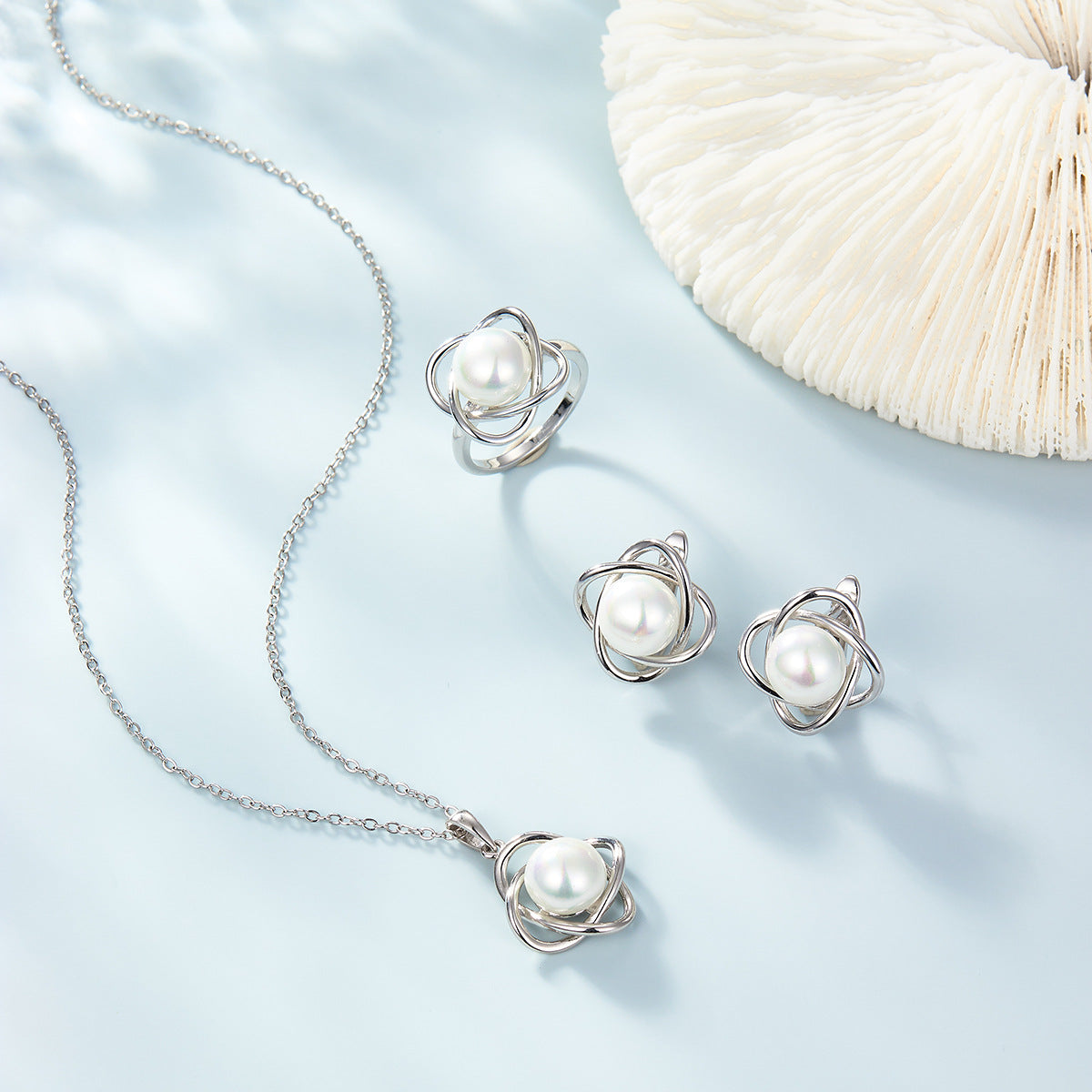 INS Light Luxury Pearl Set | 925 Silver Earrings, Ring, Necklace