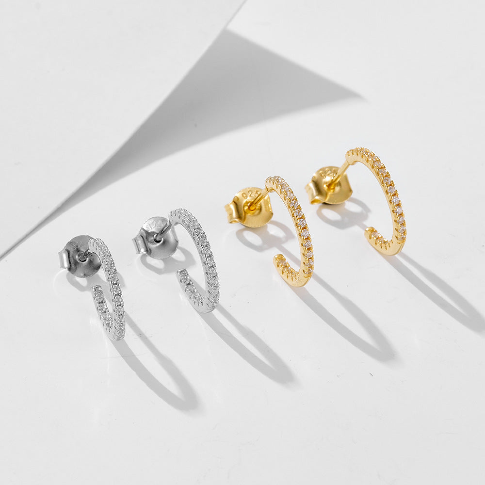 S925 Silver Rainbow C-Shape Earrings, Micro-Pave Zirconia Half Hoops for Women