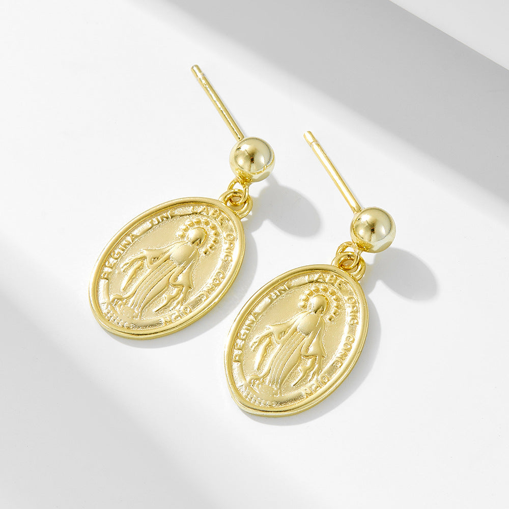 S925 Silver Retro Virgin Mary Portrait Earrings - Elegant Oval Relief Studs