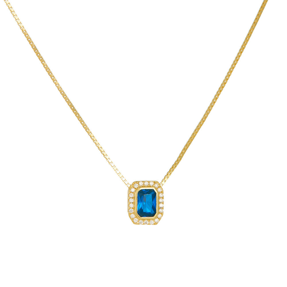 925 Sterling Silver Square Blue Zirconia Pendant Necklace, French Light Luxury High-End Jewelry