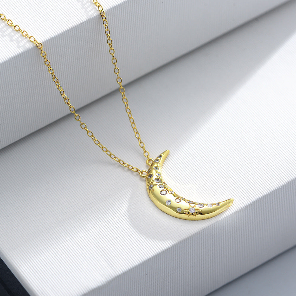 925 Sterling Silver Crescent Moon Pendant Necklace, Sparkling Zirconia Jewelry