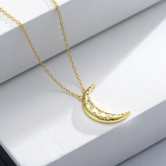 925 Sterling Silver Crescent Moon Pendant Necklace, Sparkling Zirconia Jewelry