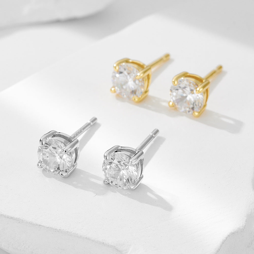 925 Sterling Silver Classic 4-Prong Round Zirconia Stud Earrings, Minimalist Daily Solitaire Jewelry