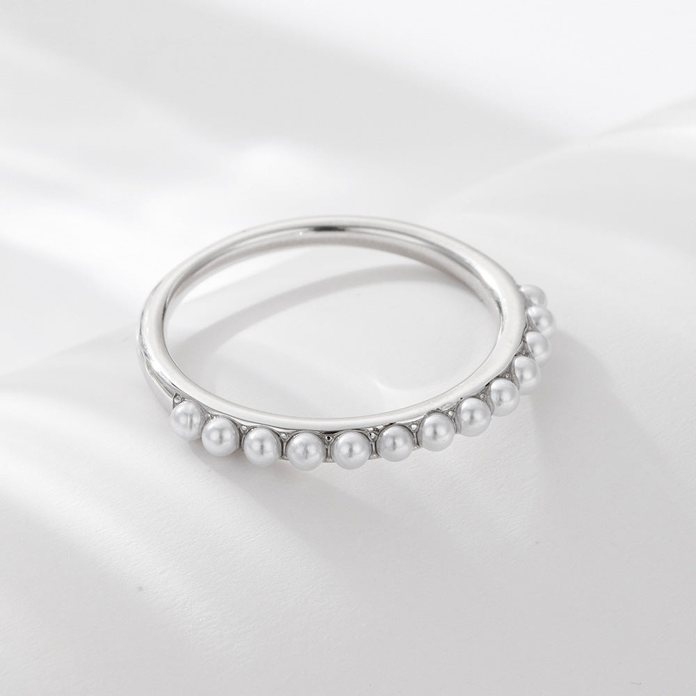 S925 Silver Elegant Solitaire Pearl Band - Unique Chic Aesthetic Ring