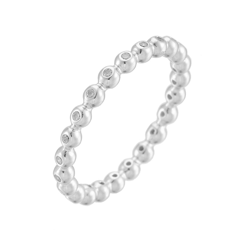 925 Sterling Silver Beaded Zirconia Ring, Minimalist High-End Stackable Jewelry