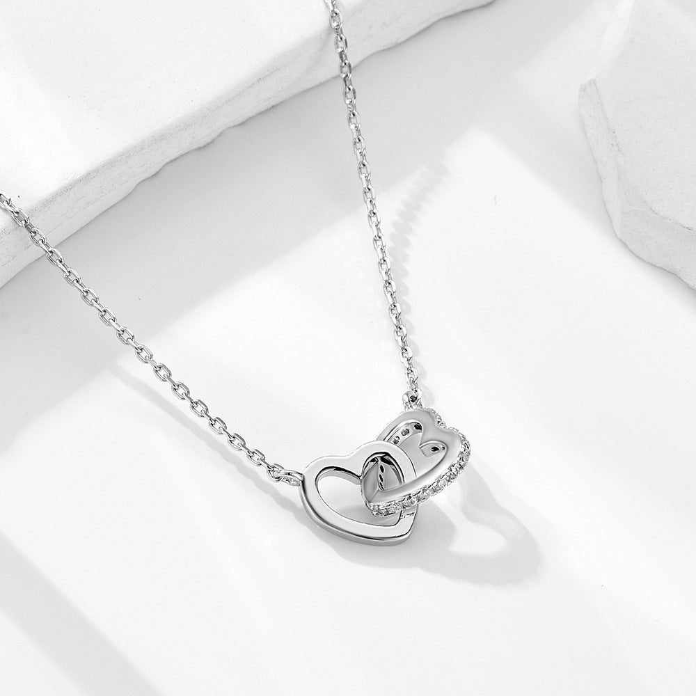 925 Sterling Silver Interlocking Heart Pave Zirconia Necklace, Minimalist High-End Jewelry
