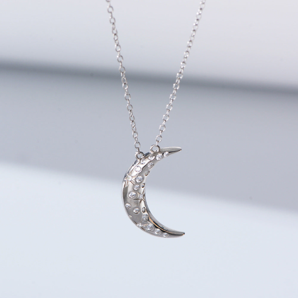 925 Sterling Silver Crescent Moon Pendant Necklace, Sparkling Zirconia Jewelry