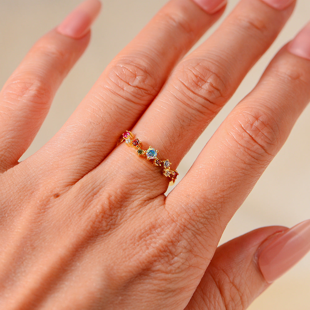 925 Sterling Silver Colorful Zirconia Open Ring, Light Luxury Romantic Ins Style Adjustable Jewelry
