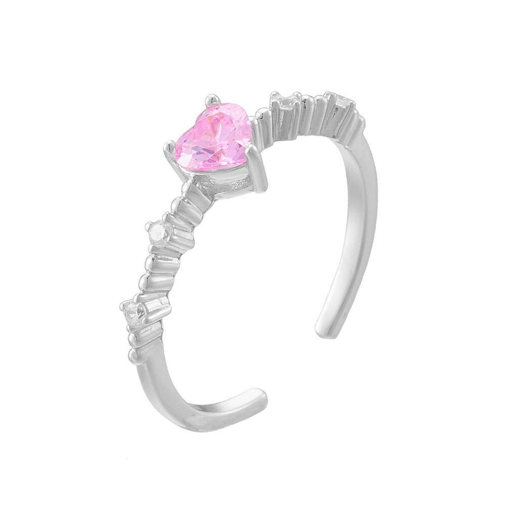 925 Sterling Silver Pink Heart Zirconia Open Ring, Dainty Romantic Aesthetic Adjustable Jewelry