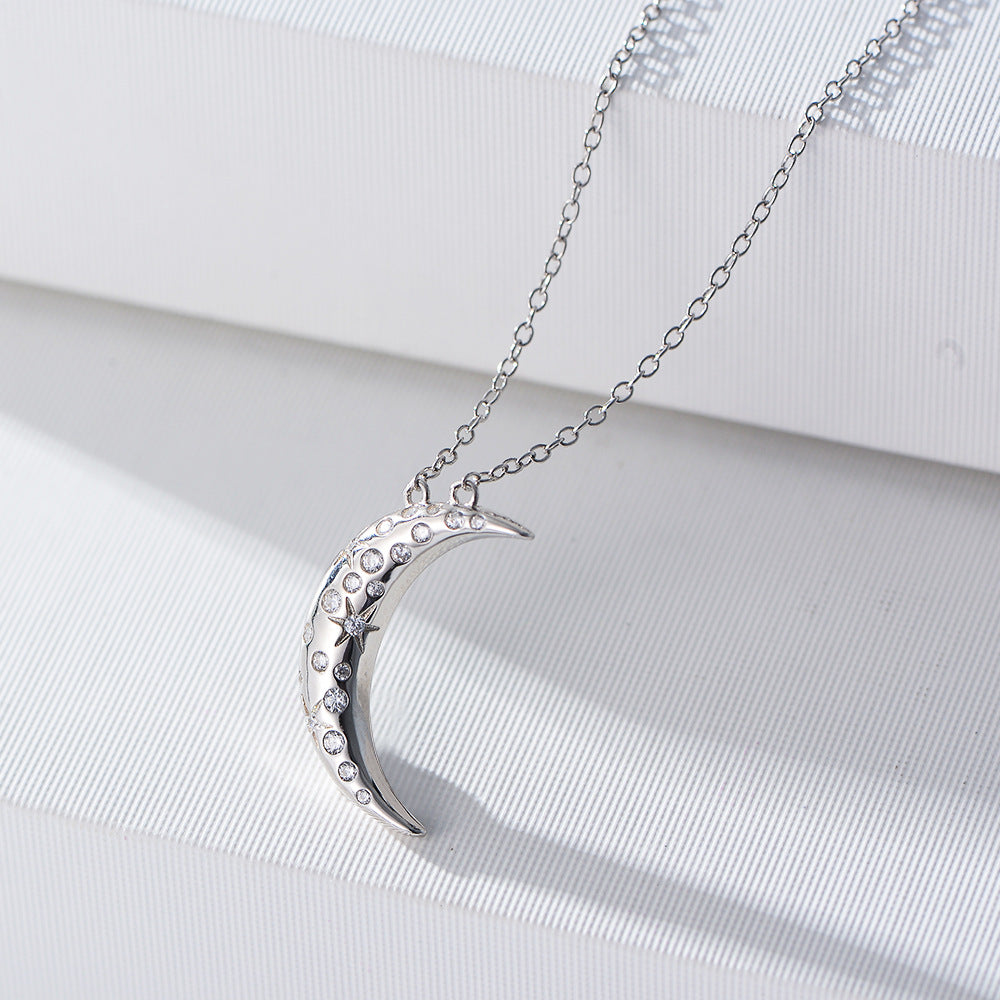 925 Sterling Silver Crescent Moon Pendant Necklace, Sparkling Zirconia Jewelry