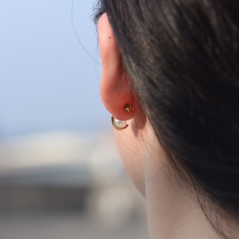 S925 Silver Modern C-Hoop Pearl Studs - Elegant Half-Circle Versatile Earrings