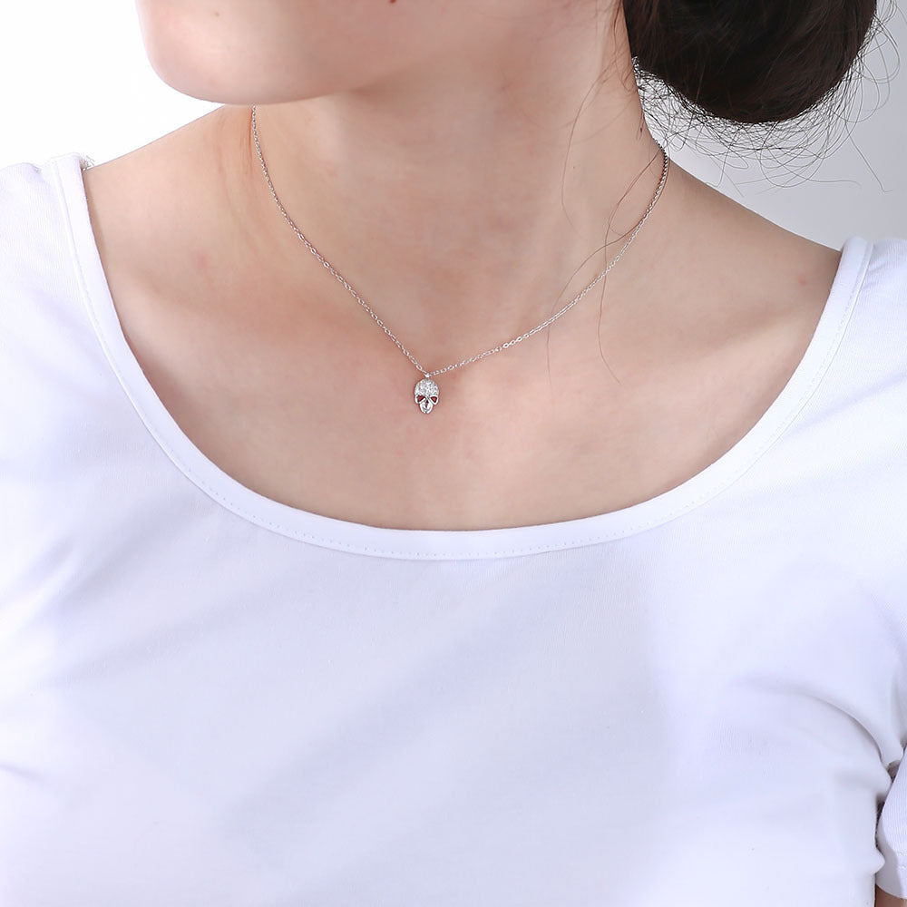 925 Sterling Silver Skull Pendant Necklace, Sparkling Zirconia Hip-Hop Jewelry