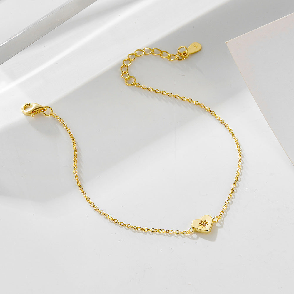 925 Sterling Silver 14K Gold Plated Heart Bracelet, Minimalist High-End Love Charm Jewelry