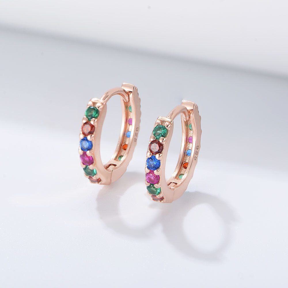 925 Sterling Silver Rainbow Zirconia Huggie Hoop Earrings