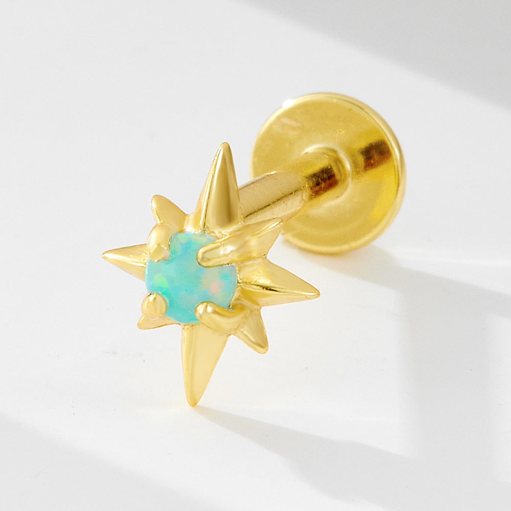 925 Sterling Silver Geometric Opal Labret Stud, Threaded Cartilage Piercing High-End Trendy Jewelry