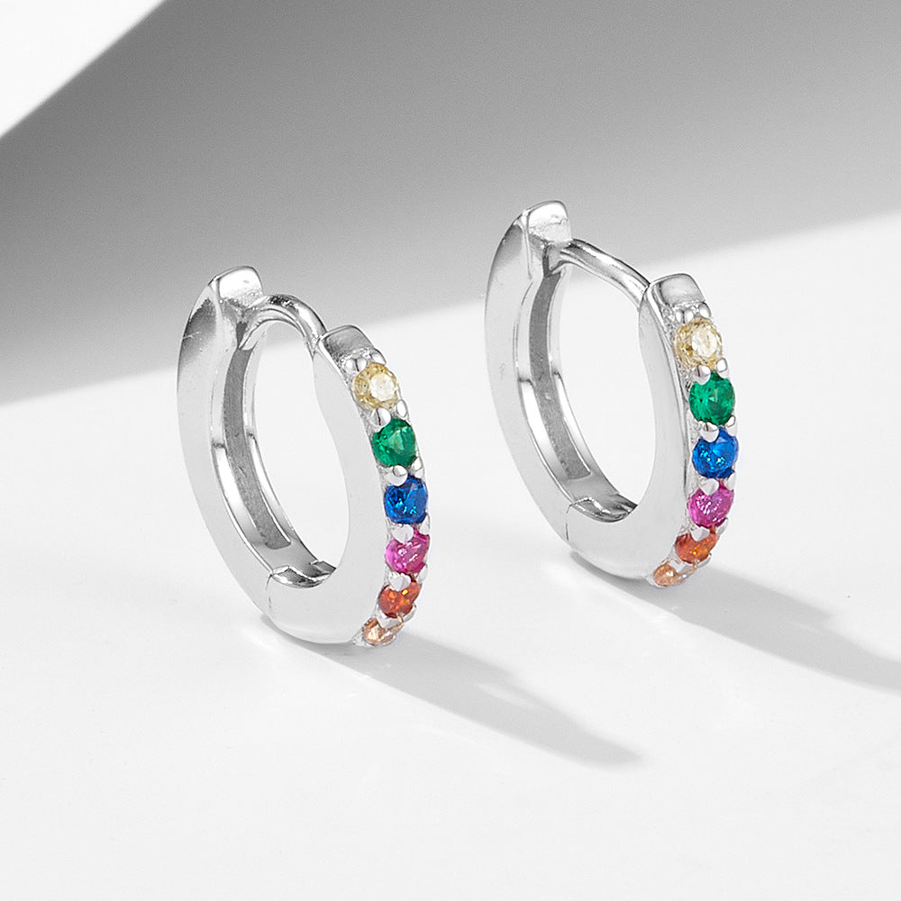 925 Sterling Silver Rainbow Zircon Hoop Earrings, Micro-Pave Colored CZ Huggie Hoops, Hypoallergenic Round Ear Buckles, Dainty Tiny Hoops for Women