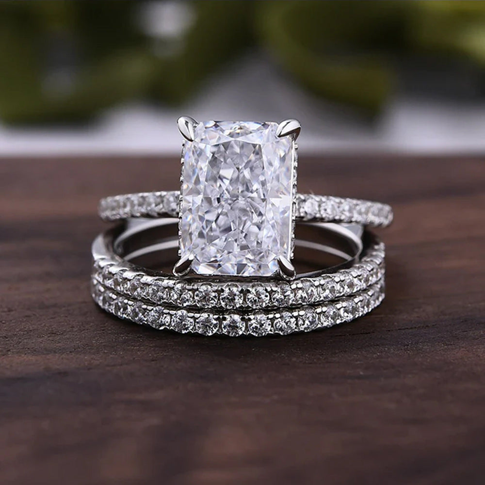 925 Sterling Silver Ice Flower Cut Zirconia Ring Set, High-End Light Luxury Ins Style Stacking Jewelry