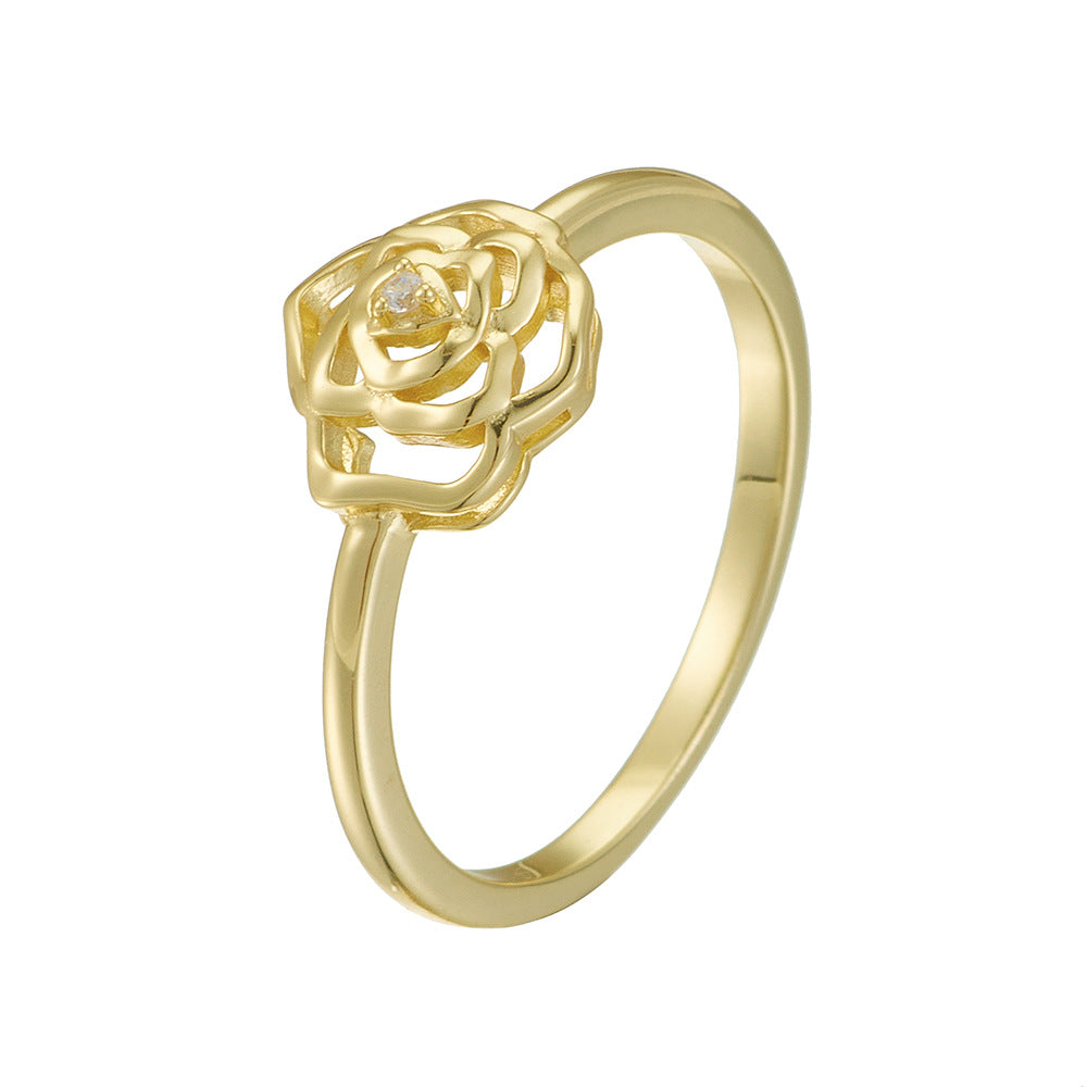 925 Sterling Silver Camellia Flower Ring, French Romantic High-End Design Jewelry