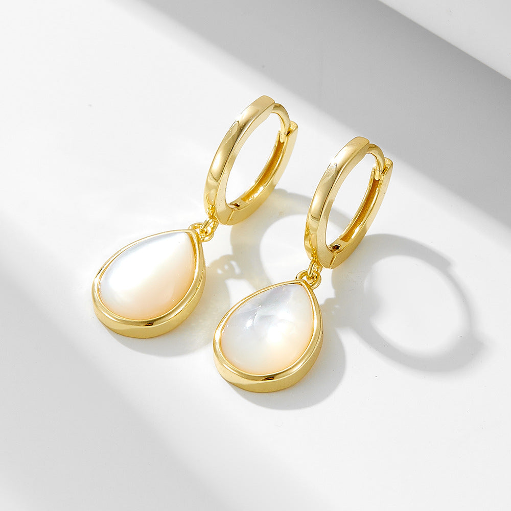 925 Sterling Silver Teardrop Natural White Shell Earrings, Minimalist High-End Dangle Jewelry