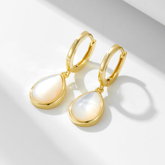 925 Sterling Silver Teardrop Natural White Shell Earrings, Minimalist High-End Dangle Jewelry