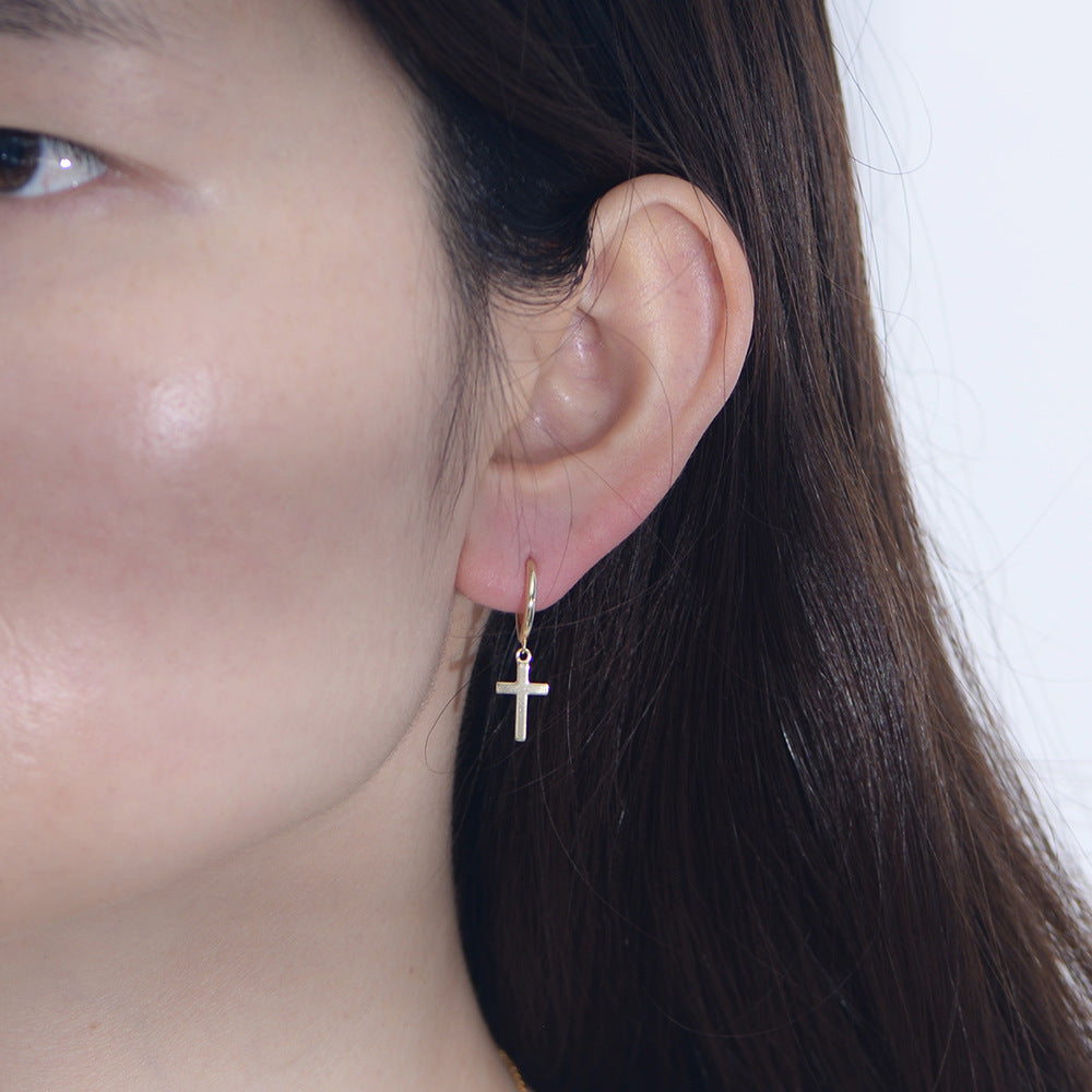 925 Sterling Silver Cross Drop Hoop Earrings, Minimalist Hip-Hop Style Jewelry