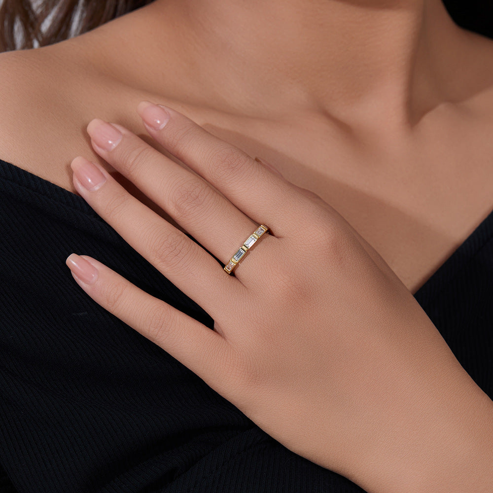 925 Sterling Silver Rectangular Zirconia Geometric Ring, Ins Style Stacking Minimalist Jewelry