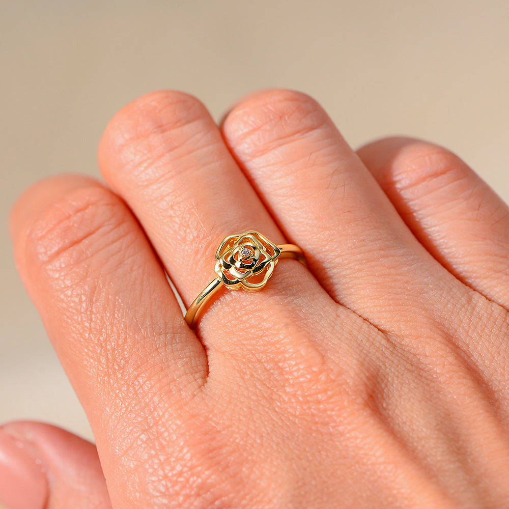 925 Sterling Silver Camellia Flower Ring, French Romantic High-End Design Jewelry