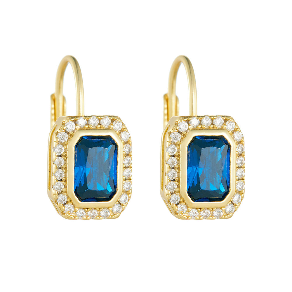 925 Sterling Silver 14K Gold Plated Square Zirconia Earrings, French Vintage Style High-End Luxury Jewelry