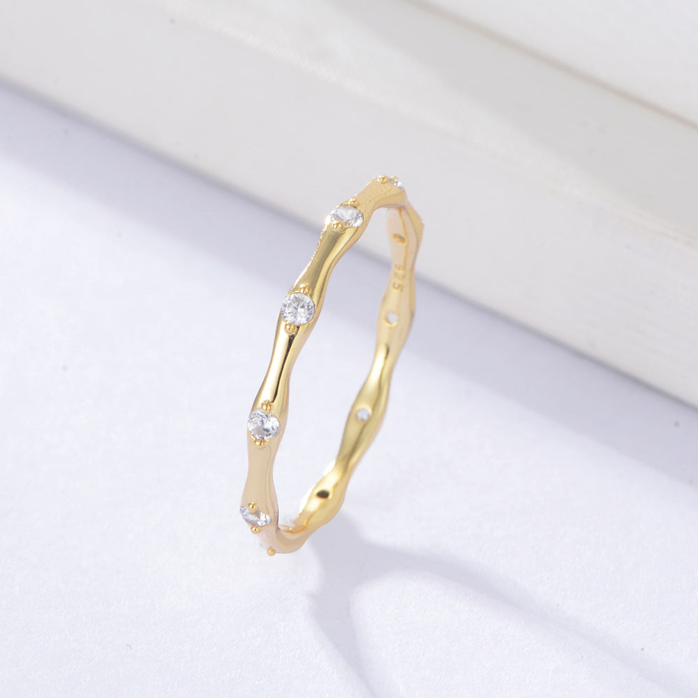 925 Sterling Silver Geometric Bamboo Joint Ring, Minimalist Zirconia High-End Jewelry