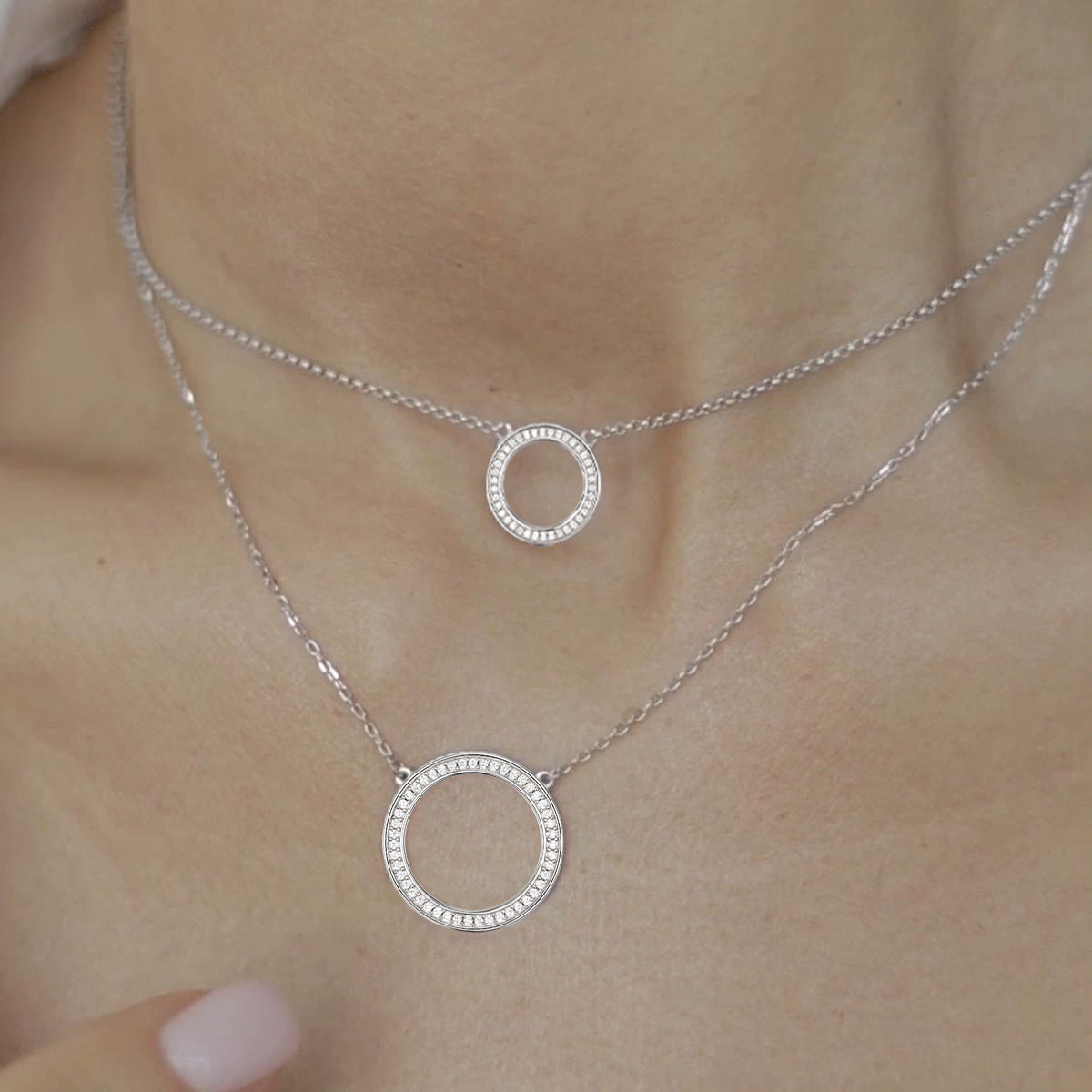 Zircon Circle Necklace Set - 925 Silver Geometric Layered Jewelry