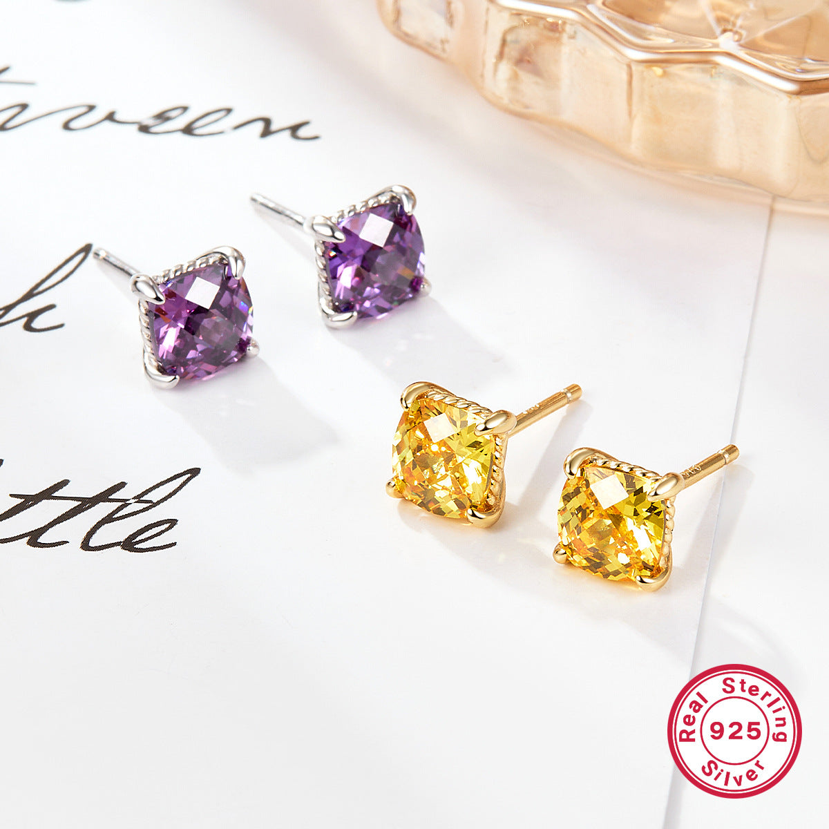 S925 Multicolor Zircon Set | Square Earrings, Ring & Necklace