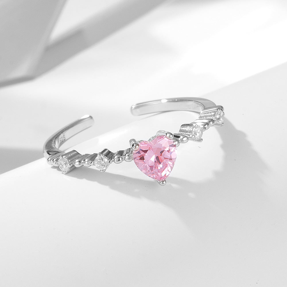 925 Sterling Silver Pink Heart Zirconia Open Ring, Dainty Romantic Aesthetic Adjustable Jewelry