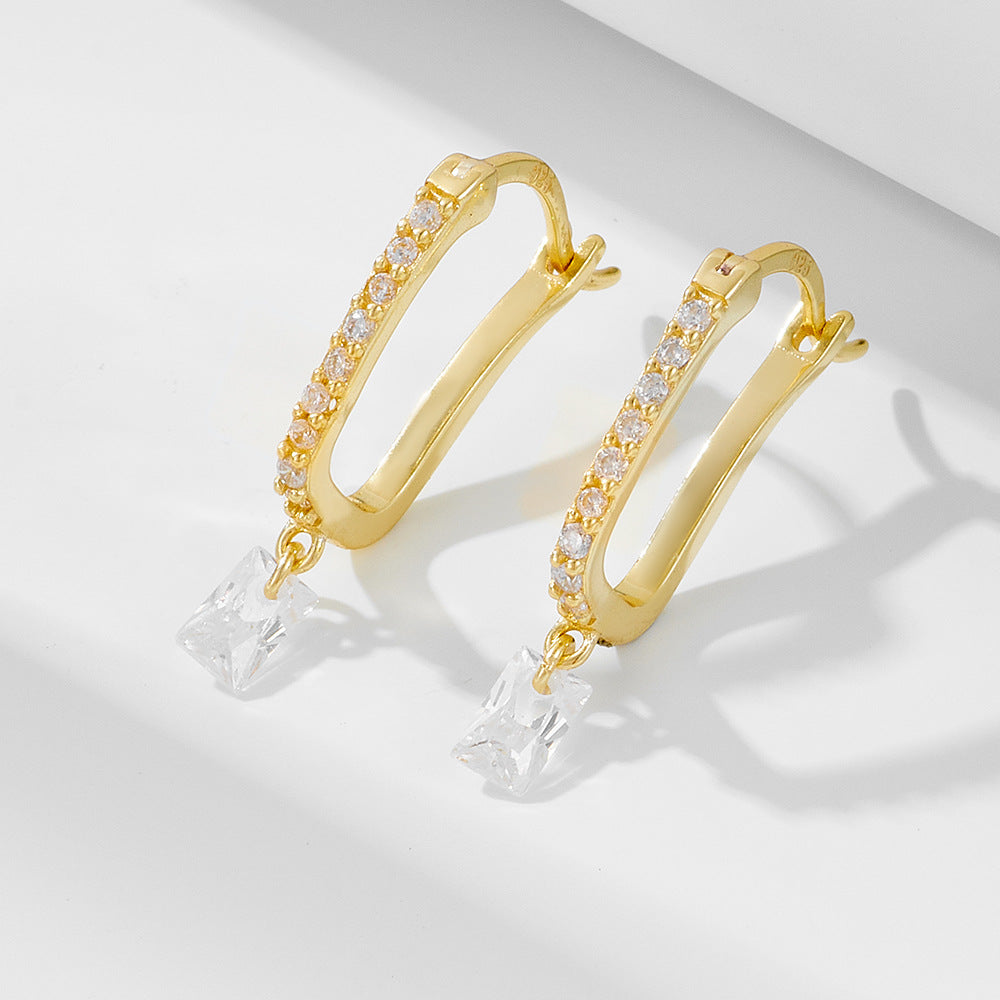 terling Silver Pave Square Zirconia U-Shaped Huggie Earrings for Women