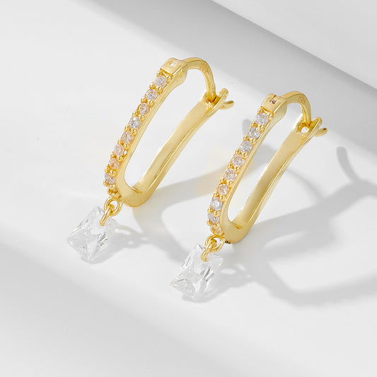 terling Silver Pave Square Zirconia U-Shaped Huggie Earrings for Women