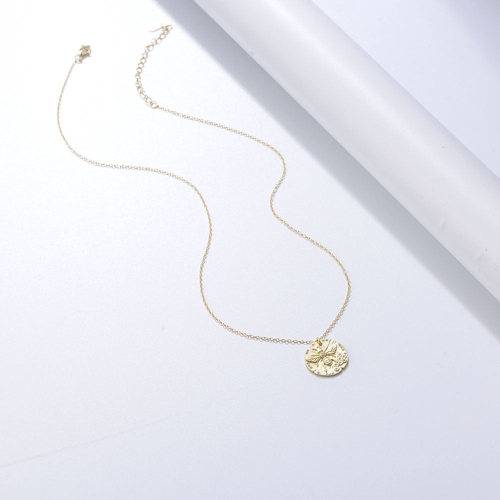 S925 Silver Minimalist Bee Medal Necklace - Dainty Zirconia Choker
